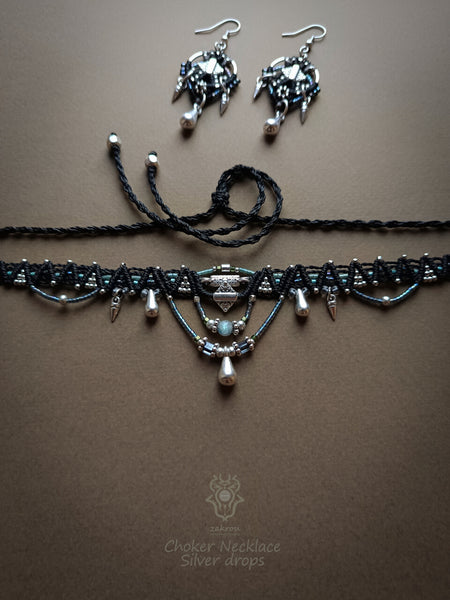 Bohemian chic choker necklace, Small macrame necklace with drops