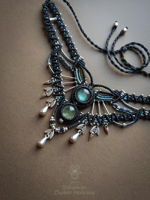 New bohemian chic macrame necklace, Labradorite Prehnite party-choker necklace