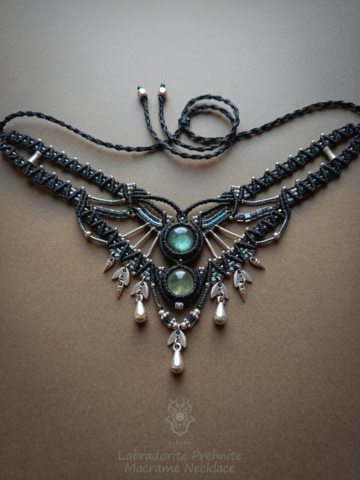 New bohemian chic macrame necklace, Labradorite Prehnite party-choker necklace