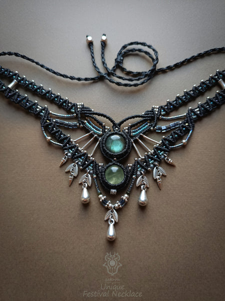 Bohemian macrame necklace with drops, Labradorite Prehnite party-choker necklace