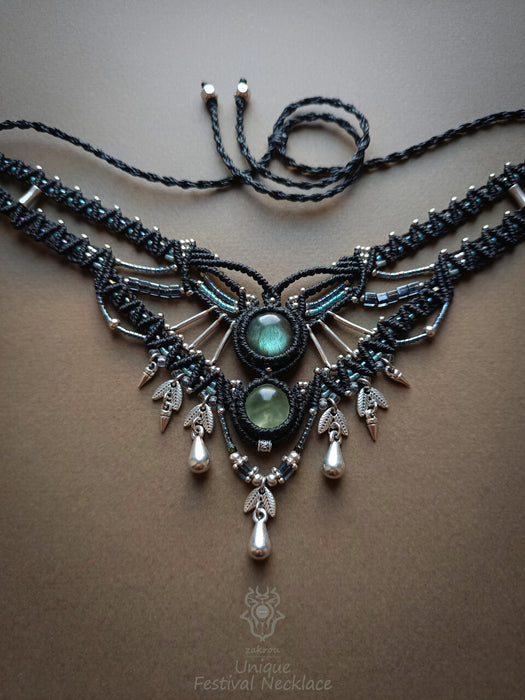 Bohemian macrame necklace with drops, Labradorite Prehnite party-choker necklace