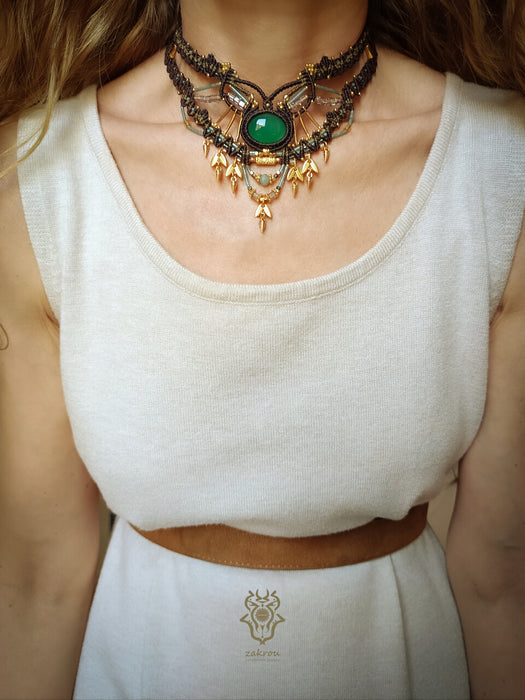 New Bohemian chic macrame necklace, Emerald Agate festival-choker necklace