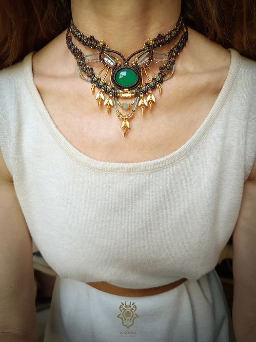 New Bohemian chic macrame necklace, Emerald Agate festival-choker necklace