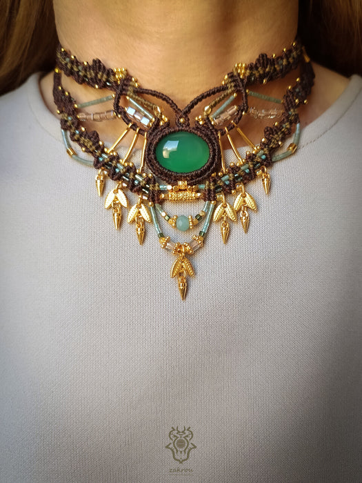 New Bohemian chic macrame necklace, Emerald Agate festival-choker necklace