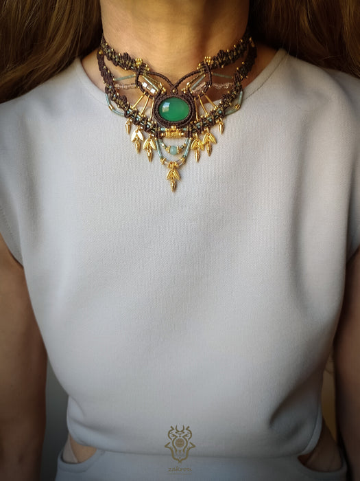 New Bohemian chic macrame necklace, Emerald Agate festival-choker necklace