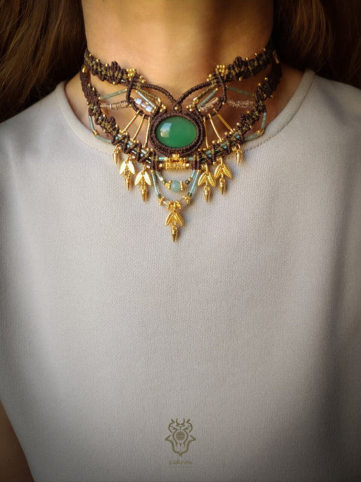 New Bohemian chic macrame necklace, Emerald Agate festival-choker necklace