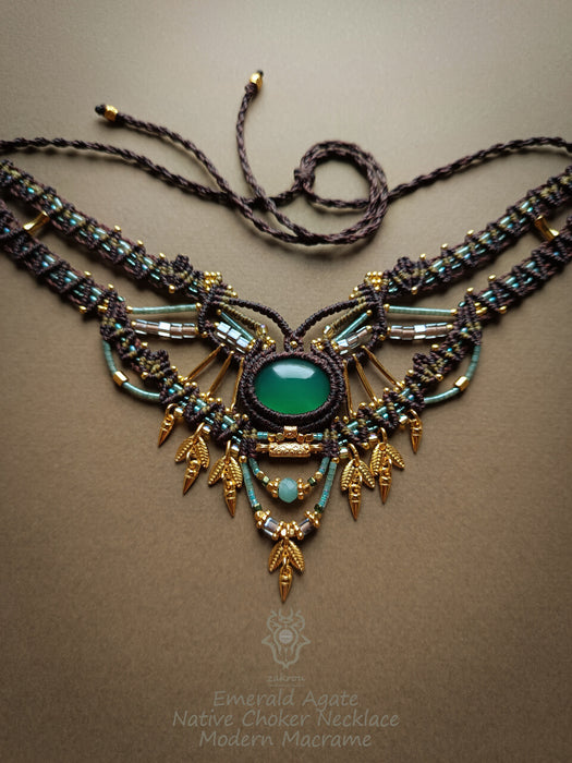 Bohemian chic macrame necklace, Emerald Agate festival-choker necklace