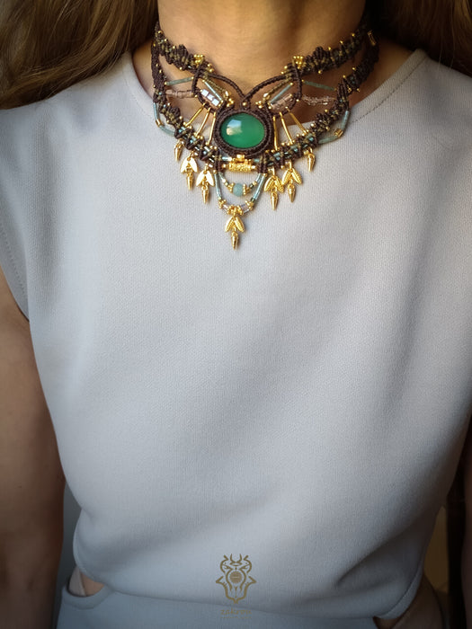 Bohemian macrame necklace, Emerald Agate festival-choker necklace