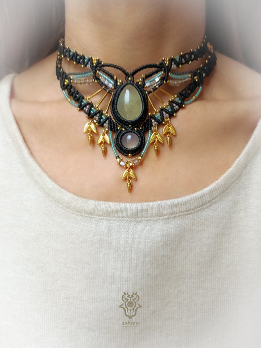New Prehnite & Chalcedony macrame tribal necklace, Ethnic macrame party choker