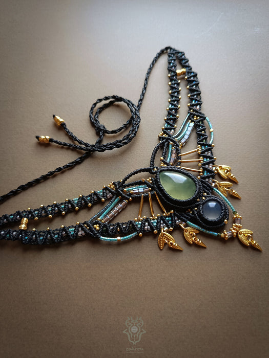New Prehnite & Chalcedony macrame tribal necklace, Ethnic macrame party choker