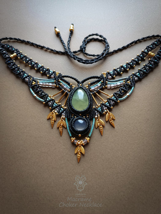 New Prehnite & Chalcedony macrame tribal necklace, Ethnic macrame party choker