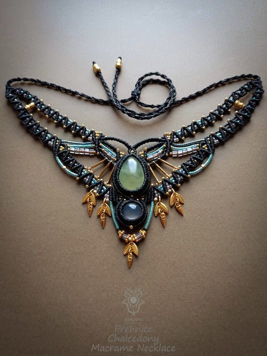 New Prehnite & Chalcedony macrame tribal necklace, Ethnic macrame party choker