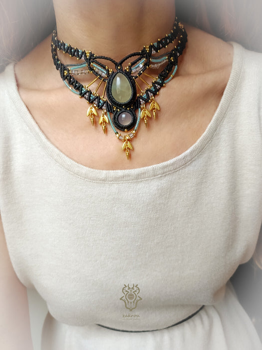 Prehnite & Chalcedony macrame choker necklace, Bohemian necklace