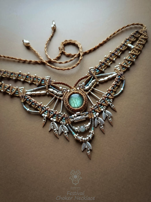 Macrame tribal necklace with Labradorite, Choker party necklace native style
