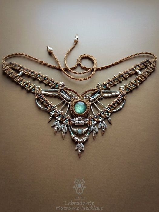Labradorite macrame necklace, Festival micromacrame choker