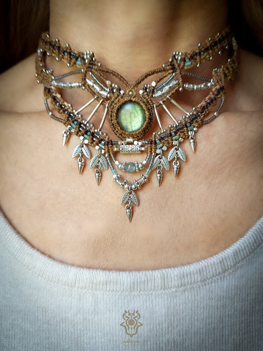 Macrame tribal necklace with Labradorite, Choker party necklace native style