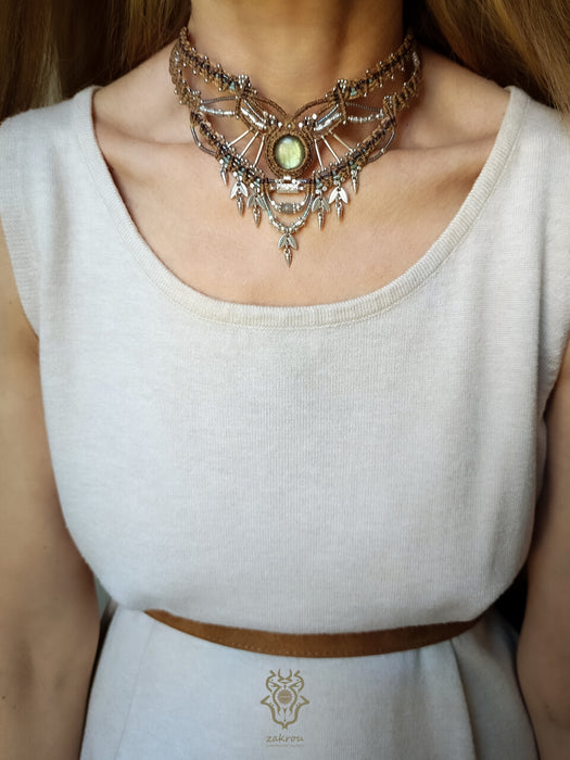 Macrame tribal necklace with Labradorite, Choker party necklace native style