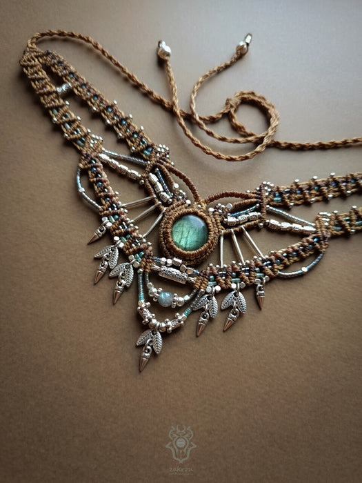Macrame tribal necklace with Labradorite, Choker party necklace native style