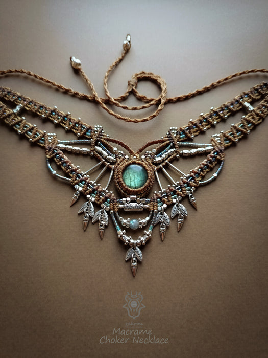 Macrame tribal necklace with Labradorite, Choker party necklace native style