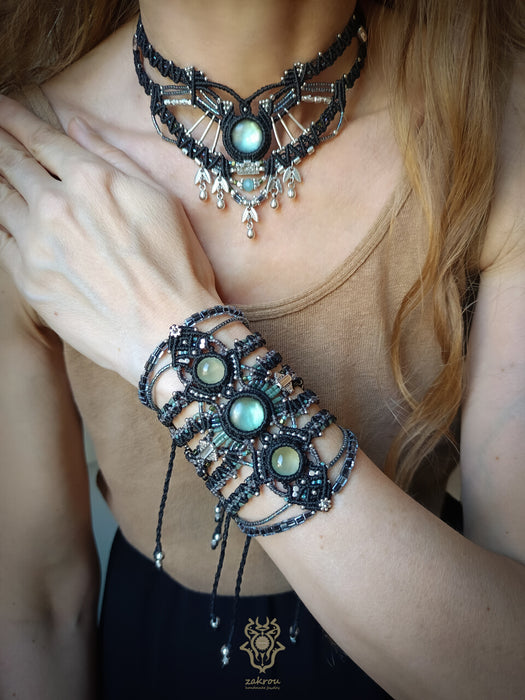 Labradorite macrame choker necklace with silver adornments, Tribal jewellery