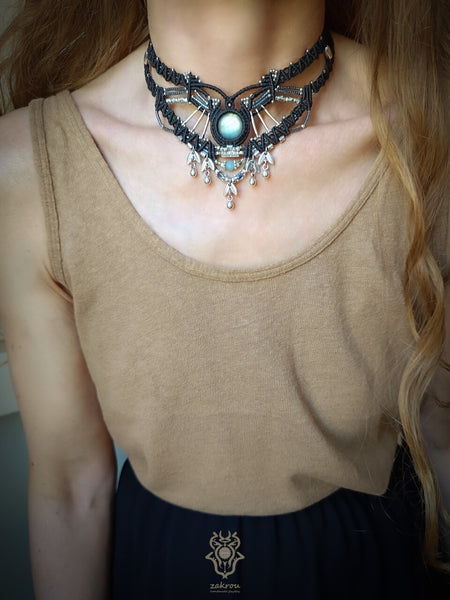 Labradorite macrame choker necklace with silver adornments, Tribal jewellery