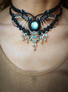 Labradorite macrame choker necklace with silver adornments, Tribal jewellery