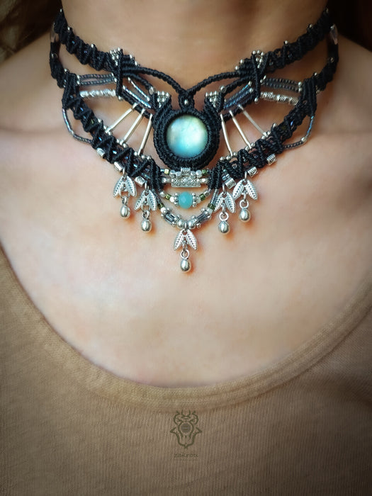 Labradorite macrame choker necklace with silver adornments, Tribal jewellery