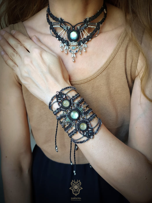 Labradorite macrame choker necklace with silver adornments, Tribal jewellery
