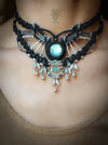 Labradorite macrame choker necklace with silver adornments, Tribal jewellery