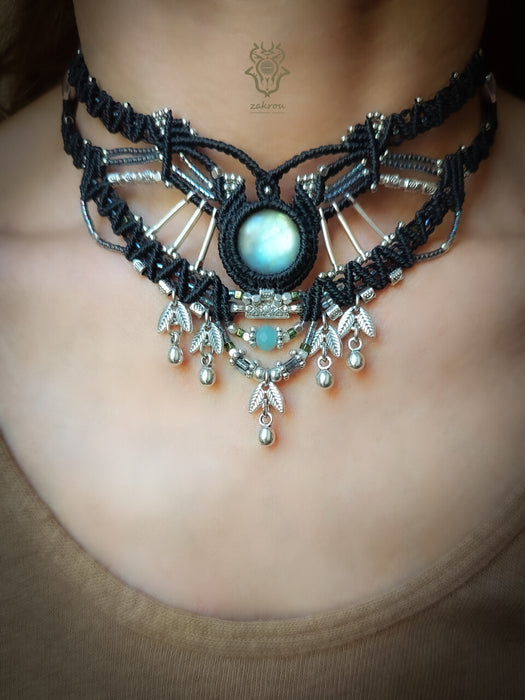 Labradorite macrame choker necklace with silver adornments, Tribal jewellery