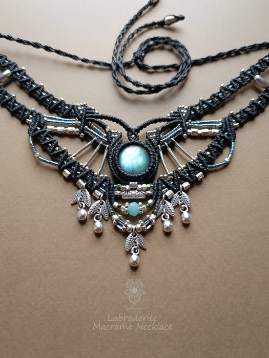 Labradorite macrame choker necklace with silver adornments, Tribal jewellery