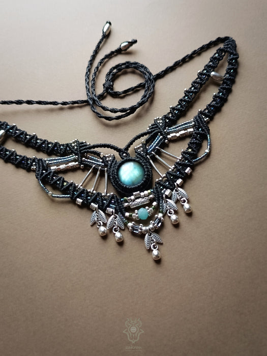Labradorite macrame necklace with silver drops, Tribal choker necklace