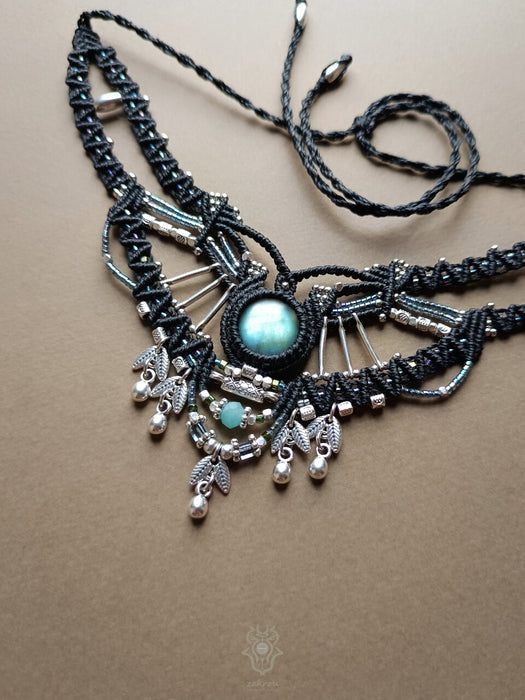 Labradorite macrame necklace with silver drops, Tribal choker necklace