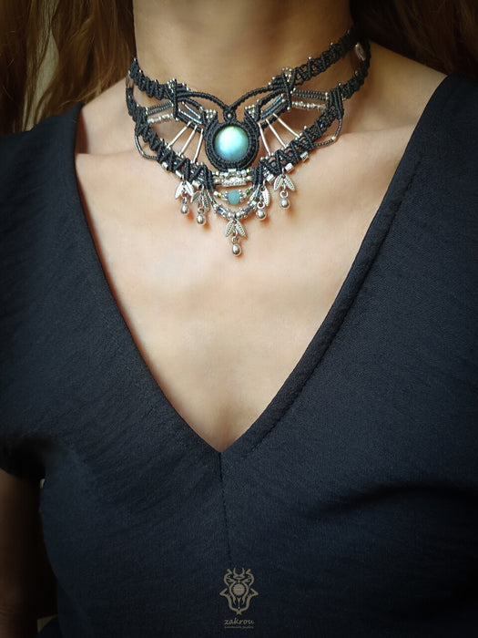 Labradorite macrame necklace with silver drops, Tribal choker necklace
