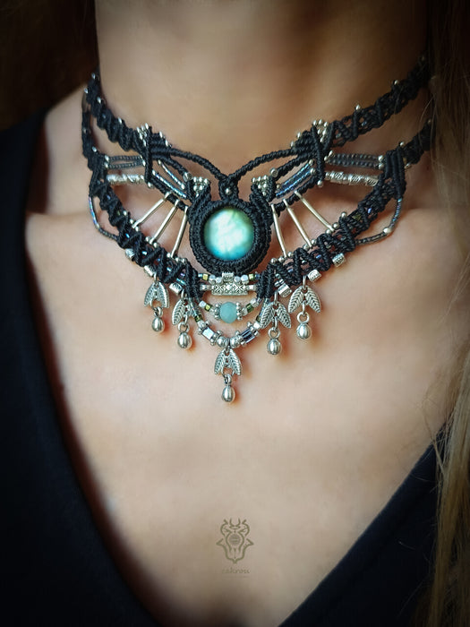 Labradorite macrame necklace with silver drops, Tribal choker necklace