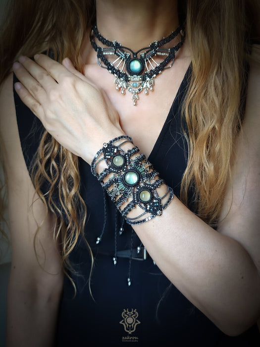 Labradorite macrame necklace with silver drops, Tribal choker necklace