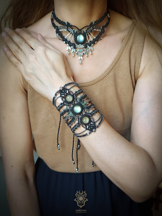 Labradorite macrame necklace with silver drops, Tribal choker necklace