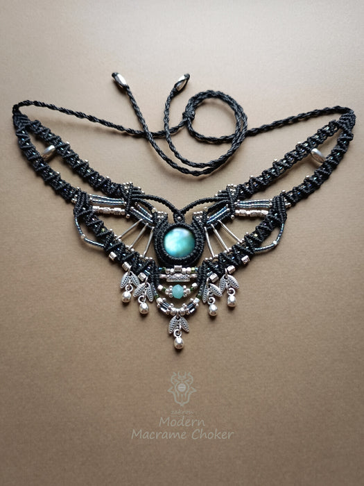 Labradorite macrame choker necklace with silver adornments, Tribal jewellery