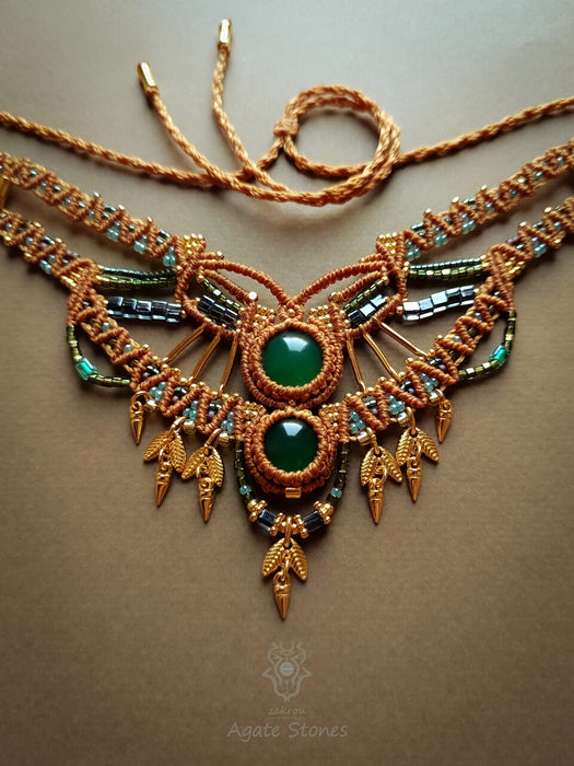 Green Agate bohemian macrame choker necklace with gold-plated adornments, Festival party choker