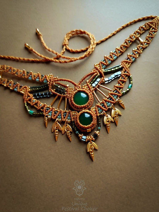 Green Agate bohemian macrame choker necklace with gold-plated adornments, Festival party choker