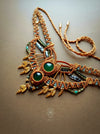 Green Agate bohemian macrame choker necklace with gold-plated adornments, Festival party choker