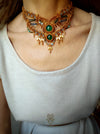 Green Agate bohemian macrame choker necklace with gold-plated adornments, Festival party choker
