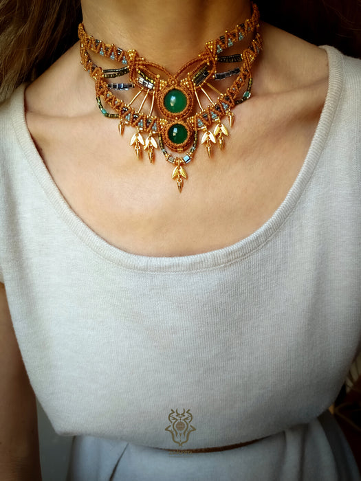 Green Agate bohemian macrame choker necklace with gold-plated adornments, Festival party choker