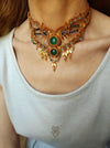 Green Agate bohemian macrame choker necklace with gold-plated adornments, Festival party choker