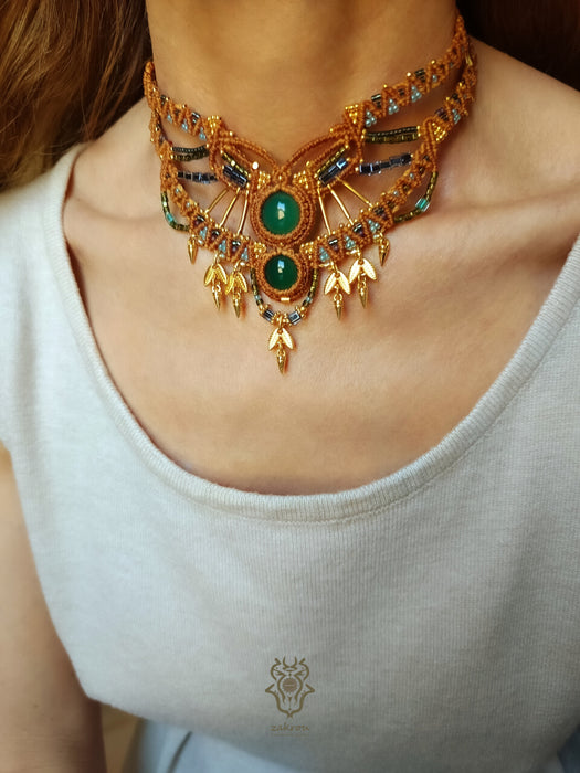 Green Agate bohemian macrame choker necklace with gold-plated adornments, Festival party choker