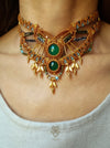 Green Agate bohemian macrame choker necklace with gold-plated adornments, Festival party choker