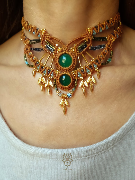 Green Agate bohemian macrame choker necklace with gold-plated adornments, Festival party choker