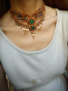 Green Agate bohemian macrame choker necklace with gold-plated adornments, Festival party choker