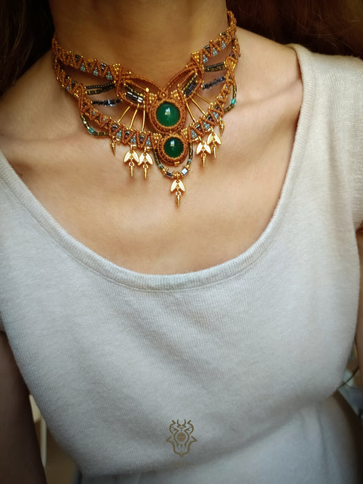 Green Agate bohemian macrame choker necklace with gold-plated adornments, Festival party choker