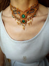 Green Agate bohemian macrame choker necklace with gold-plated adornments, Festival party choker